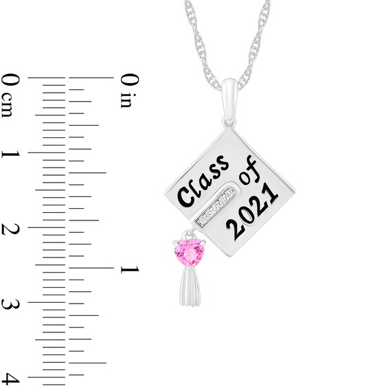 Heart-Shaped Simulated Birthstone and Diamond Accent Graduation Cap Pendant in Sterling Silver (1 Stone and 3 Lines)