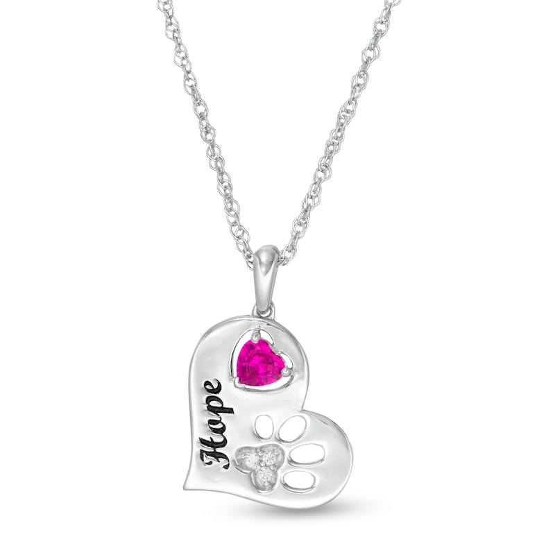 4.0mm Heart-Shaped Simulated Birthstone and Diamond Accent Paw Print Heart Pendant in Sterling Silver (1 Stone and Line)