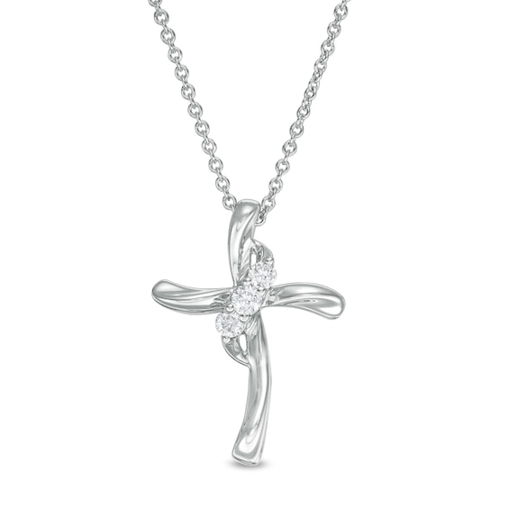 0.145 CT. T.W. Diamond Past Present Future® Curved Cross Pendant in 10K White Gold