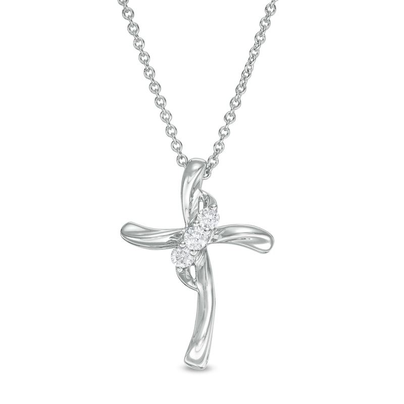 0.145 CT. T.W. Diamond Past Present Future® Curved Cross Pendant in 10K White Gold|Peoples Jewellers