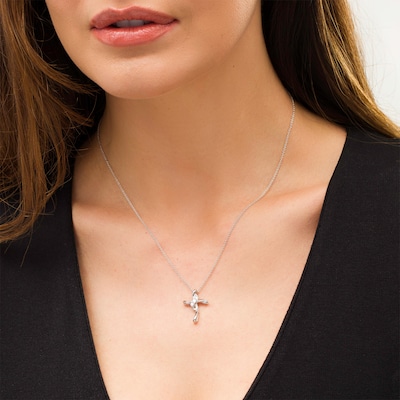 0.145 CT. T.W. Diamond Past Present Future® Curved Cross Pendant in 10K White Gold