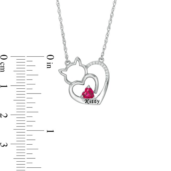 Simulated Birthstone and Diamond Accent Engravable Cat Heart Necklace in Sterling Silver (1 Stone and Line)