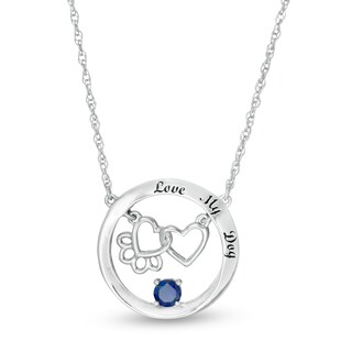 Simulated Birthstone Interlocking Paw Print and Heart Circle Necklace in Sterling Silver (1 Stone and Line)