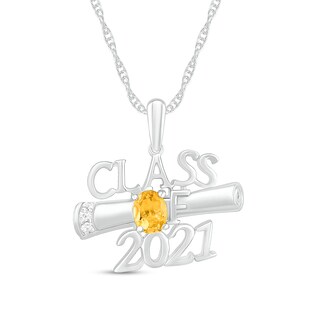 Oval Simulated Birthstone and Diamond Accented Graduation Diploma Class Pendant in Sterling Silver (1 Stone and Year)