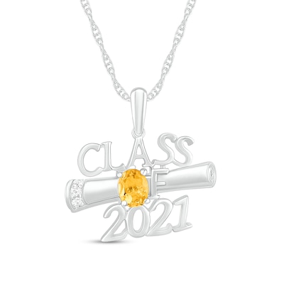 Oval Simulated Birthstone and Diamond Accented Graduation Diploma Class Pendant in Sterling Silver (1 Stone and Year)