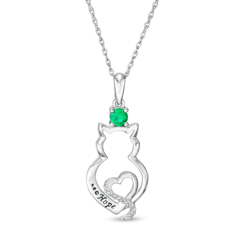 Simulated Birthstone and Diamond Accent Engravable Cat Outline and Heart Pendant in Sterling Silver (1 Stone and Line)|Peoples Jewellers