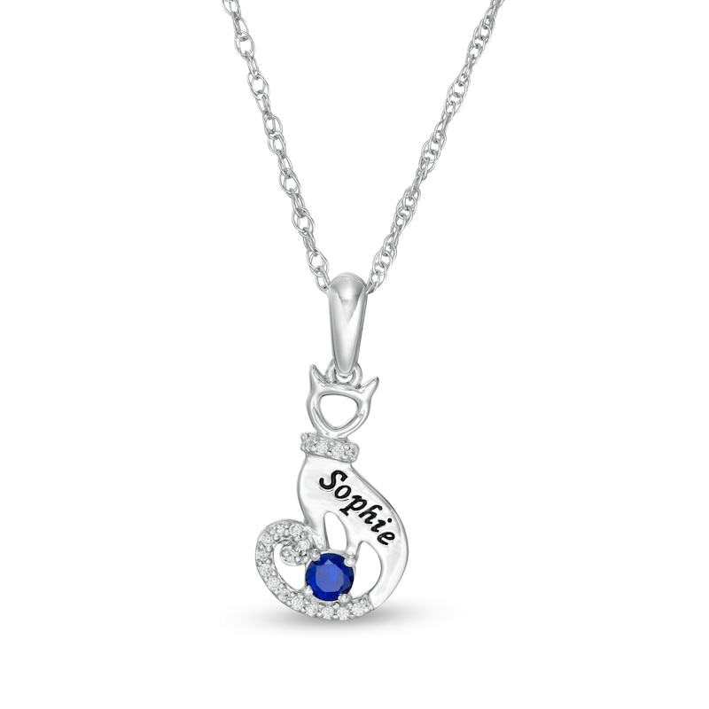 3.0mm Simulated Birthstone and 1/20 CT. T.W. Diamond Engravable Cat Pendant in Sterling Silver (1 Stone and Line)|Peoples Jewellers