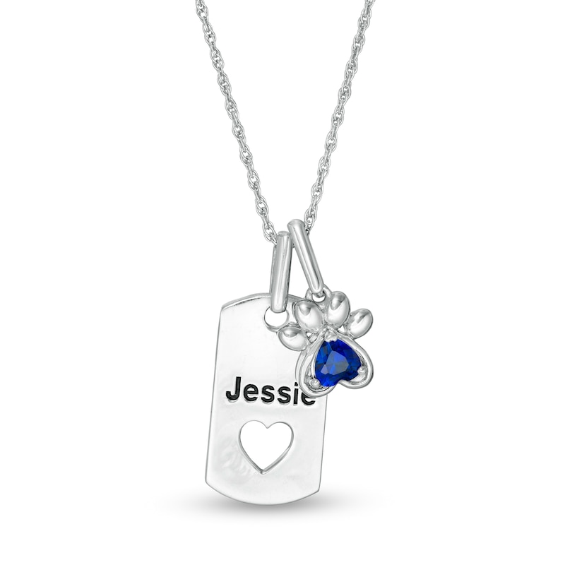 Heart-Shaped Simulated Birthstone Engravable Paw Print and Dog Tag Charm Pendant in Sterling Silver (1 Stone and Line)