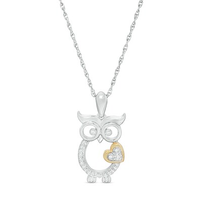 0.065 CT. T.W. Diamond Outline Owl with Heart Pendant in Sterling Silver and 10K Gold