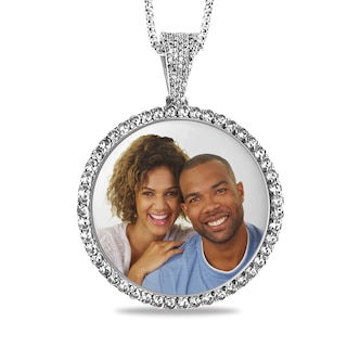 White Sapphire Frame Engravable Photo Circle Pendant in Sterling Silver (1 Image and 4 Lines)