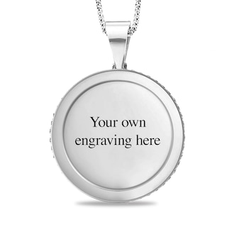 White Sapphire Frame Engravable Photo Circle Pendant in Sterling Silver (1 Image and 4 Lines)