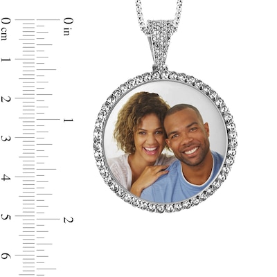 White Sapphire Frame Engravable Photo Circle Pendant in Sterling Silver (1 Image and 4 Lines)