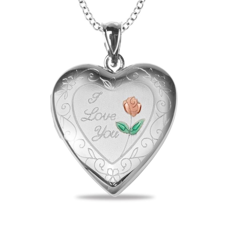Engravable Enamel Rose Floral "I Love You" Photo Heart Locket in Sterling Silver (1-2 Images and 3 Lines)|Peoples Jewellers