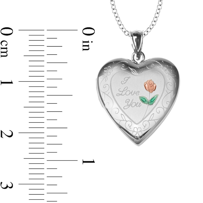 Engravable Enamel Rose Floral "I Love You" Photo Heart Locket in Sterling Silver (1-2 Images and 3 Lines)|Peoples Jewellers