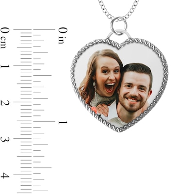 Engravable Photo Rope Frame Heart Pendant in Sterling Silver (1 Image and 3 Lines)