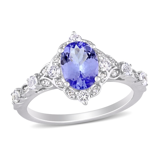 Oval Tanzanite, White Sapphire and 0.06 CT. T.W. Diamond Vintage-Style Ring in 14K White Gold