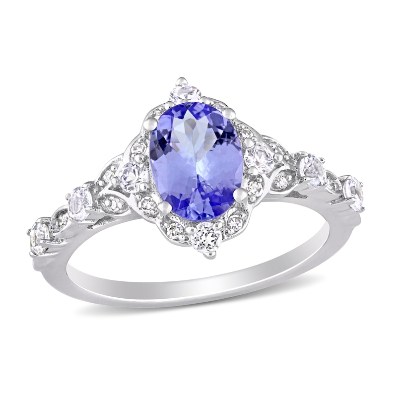 Oval Tanzanite, White Sapphire and 0.06 CT. T.W. Diamond Vintage-Style Ring in 14K White Gold|Peoples Jewellers