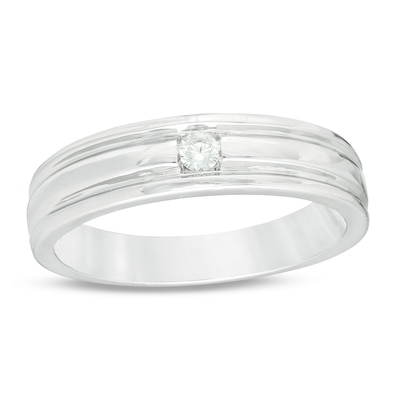 Men's 0.04 CT. Diamond Solitaire Groove Wedding Band in Sterling Silver