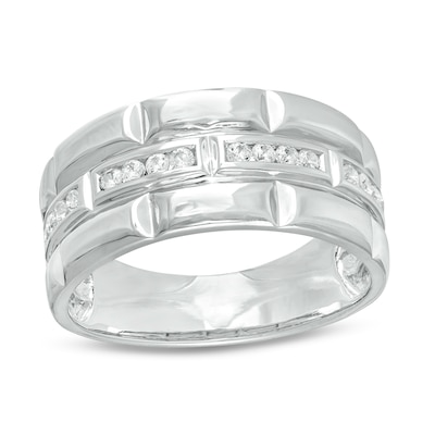 Men's 0.23 CT. T.W. Diamond Trio Station Brick Pattern Wedding Band in 10K White Gold