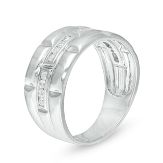 Men's 0.23 CT. T.W. Diamond Trio Station Brick Pattern Wedding Band in 10K White Gold