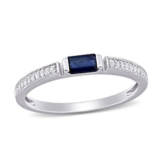 Sideways Emerald-Cut Blue Sapphire and 0.09 CT. T.W. Diamond Ring in 10K White Gold