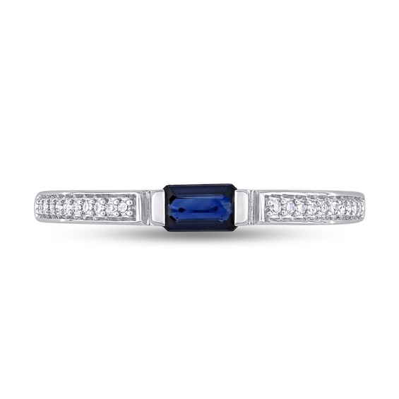 Sideways Emerald-Cut Blue Sapphire and 0.09 CT. T.W. Diamond Ring in 10K White Gold