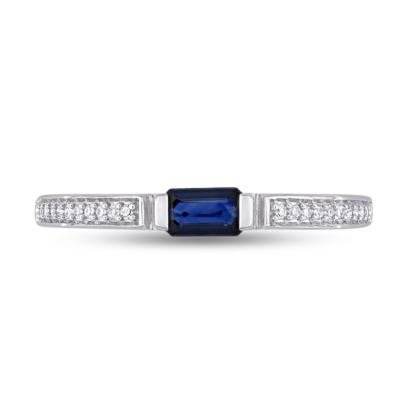 Sideways Emerald-Cut Blue Sapphire and 0.09 CT. T.W. Diamond Ring in 10K White Gold