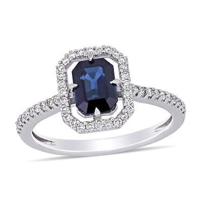 Emerald-Cut Blue Sapphire and 0.24 CT. T.W. Diamond Open Frame Ring in 14K White Gold