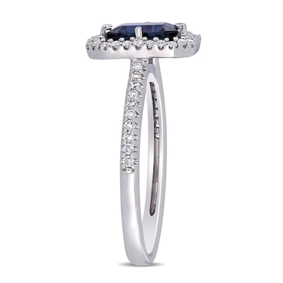 Emerald-Cut Blue Sapphire and 0.24 CT. T.W. Diamond Open Frame Ring in 14K White Gold