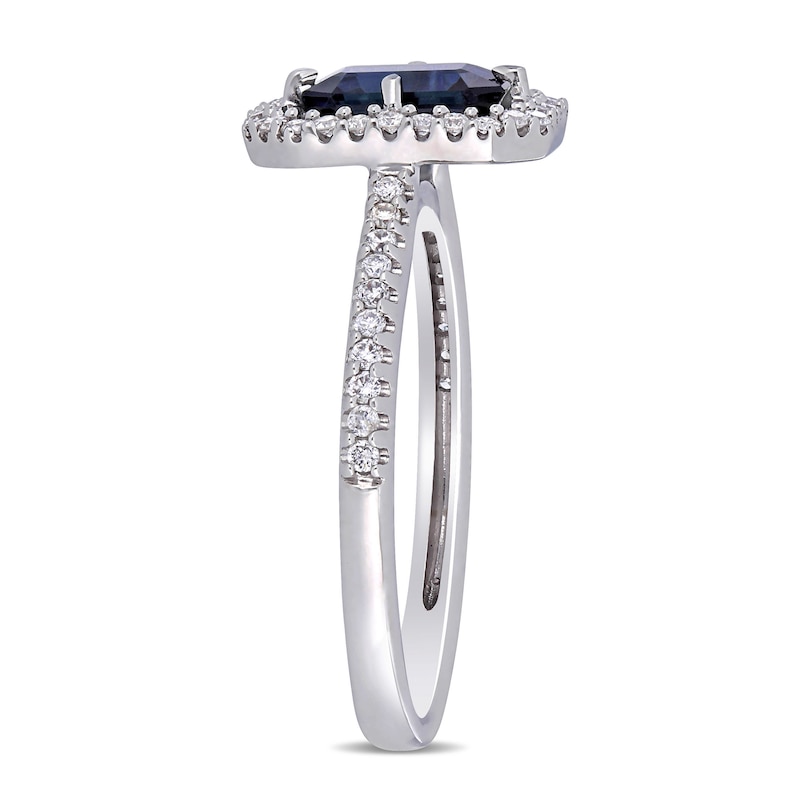 Emerald-Cut Blue Sapphire and 0.24 CT. T.W. Diamond Open Frame Ring in 14K White Gold|Peoples Jewellers