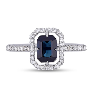 Emerald-Cut Blue Sapphire and 0.24 CT. T.W. Diamond Open Frame Ring in 14K White Gold