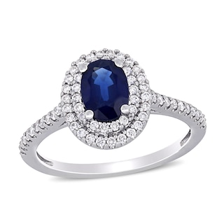 Oval Blue Sapphire and 0.32 CT. T.W. Diamond Double Frame Ring in 14K White Gold