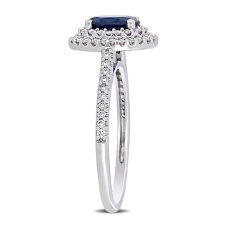 Oval Blue Sapphire and 0.32 CT. T.W. Diamond Double Frame Ring in 14K White Gold