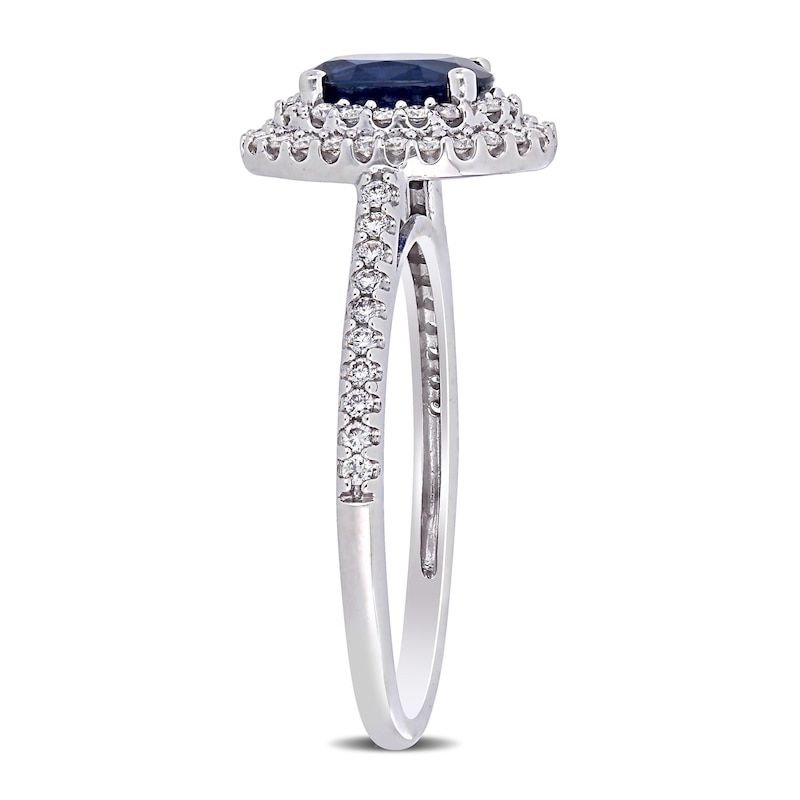 Oval Blue Sapphire and 0.32 CT. T.W. Diamond Double Frame Ring in 14K White Gold|Peoples Jewellers