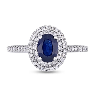 Oval Blue Sapphire and 0.32 CT. T.W. Diamond Double Frame Ring in 14K ...