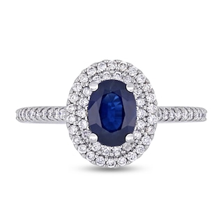 Oval Blue Sapphire and 0.32 CT. T.W. Diamond Double Frame Ring in 14K White Gold