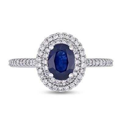 Oval Blue Sapphire and 0.32 CT. T.W. Diamond Double Frame Ring in 14K White Gold