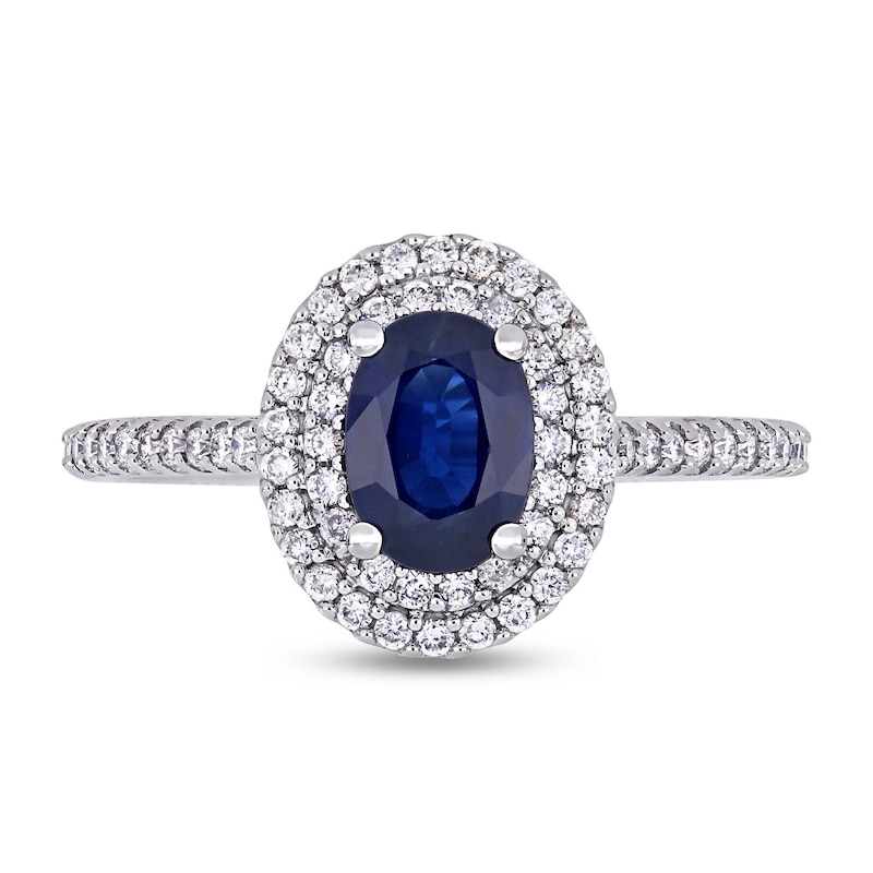 Oval Blue Sapphire and 0.32 CT. T.W. Diamond Double Frame Ring in 14K White Gold|Peoples Jewellers