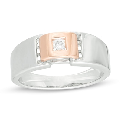 Men's 0.115 CT. Diamond Solitaire Buckle Ring in Sterling Silver and 10K Rose Gold