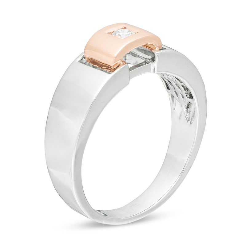 Men's 0.115 CT. Diamond Solitaire Buckle Ring in Sterling Silver and 10K Rose Gold|Peoples Jewellers