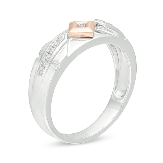 Men's 0.085 CT. T.W. Diamond Geometric Wedding Band in Sterling Silver and 10K Rose Gold