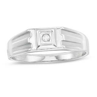 Men's Diamond Accent Solitaire Square Top Groove Ring in Sterling Silver