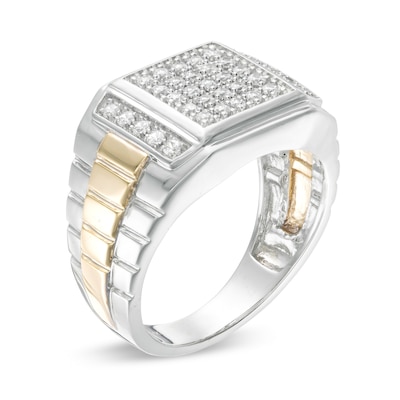 Men's 0.45 CT. T.W. Square Composite Diamond Ribbed Shank Ring in Sterling Silver with 10K Gold