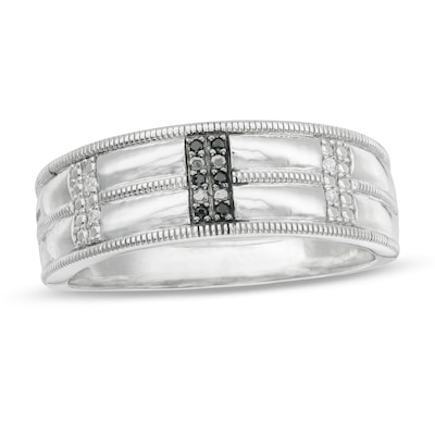 Men's 0.04 CT. T.W. Enhanced Black and White Diamond Double Row Milgrain Ring in Sterling Silver