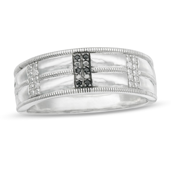 Men's 0.04 CT. T.W. Enhanced Black and White Diamond Double Row Milgrain Ring in Sterling Silver