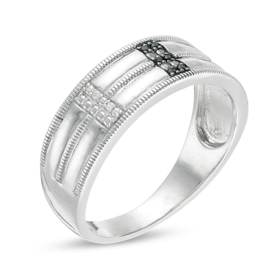 Men's 0.04 CT. T.W. Enhanced Black and White Diamond Double Row Milgrain Ring in Sterling Silver