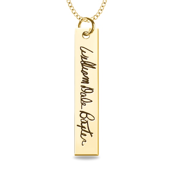 Engravable Your Own Handwriting Vertical Bar Pendant in 10K White, Yellow or Rose Gold (1 Image and Line)