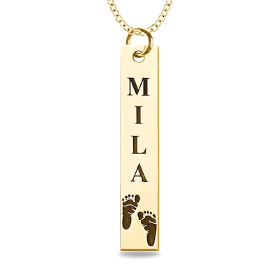 Engravable Name Baby Footprint Vertical Bar Pendant in 10K White, Yellow or Rose Gold (1 Image and 2 Lines)