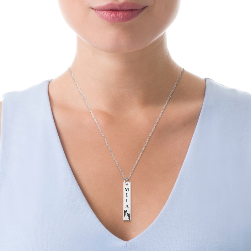 Engravable Name Baby Footprint Vertical Bar Pendant in 10K White, Yellow or Rose Gold (1 Image and 2 Lines)|Peoples Jewellers