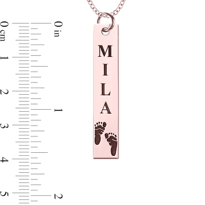 Engravable Name Baby Footprint Vertical Bar Pendant in 10K White, Yellow or Rose Gold (1 Image and 2 Lines)